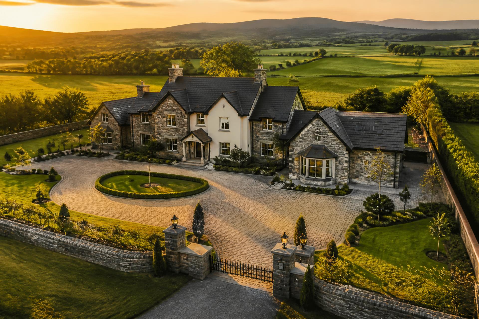 Premium Irish property with landscaped grounds at sunset